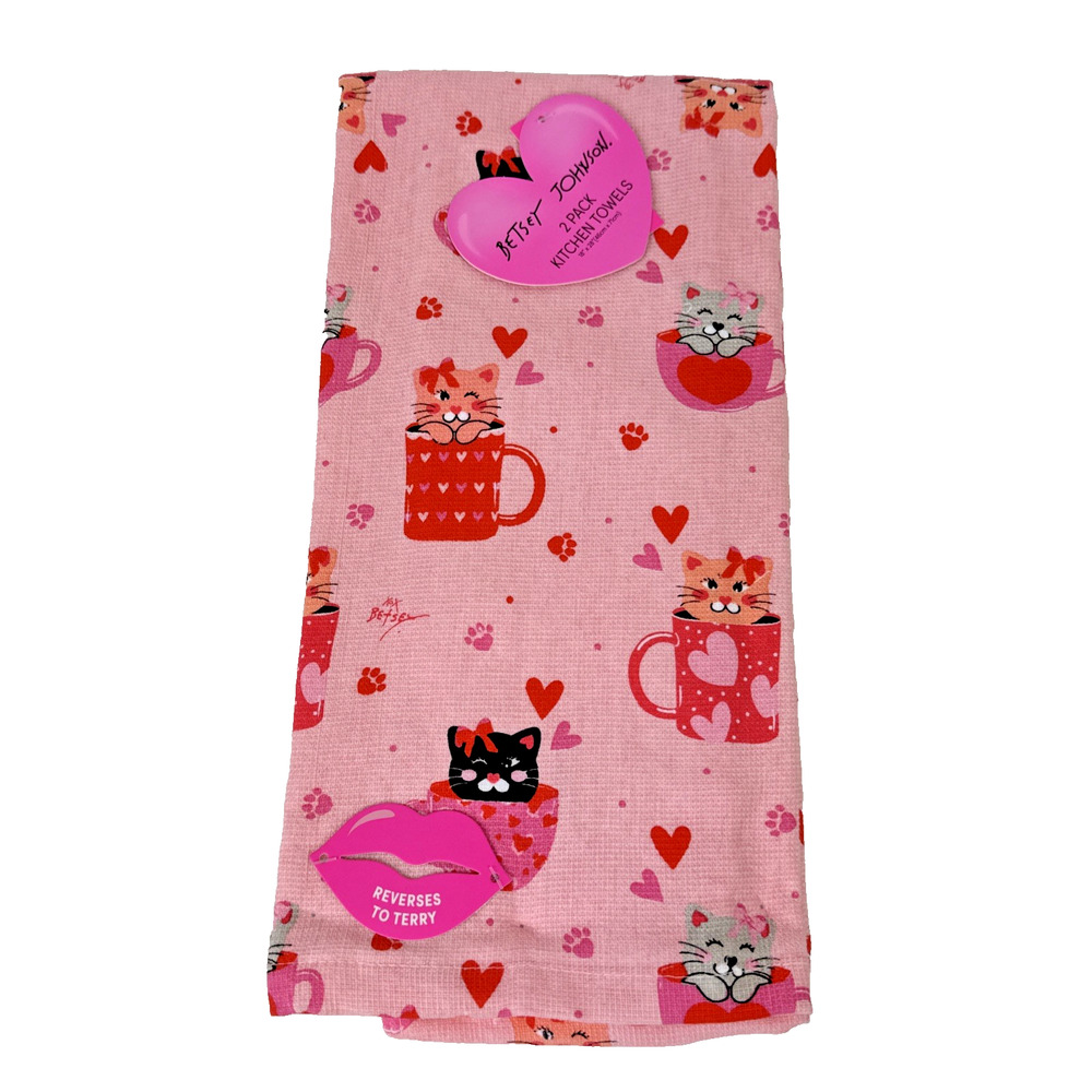 Betsey Johnson kitchen towels cats hearts pink orange valentines 100% cotton new